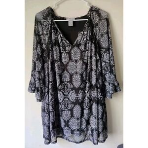 Catherines Blouse Tunic Black/White Bandana Like Print Size 1X‎